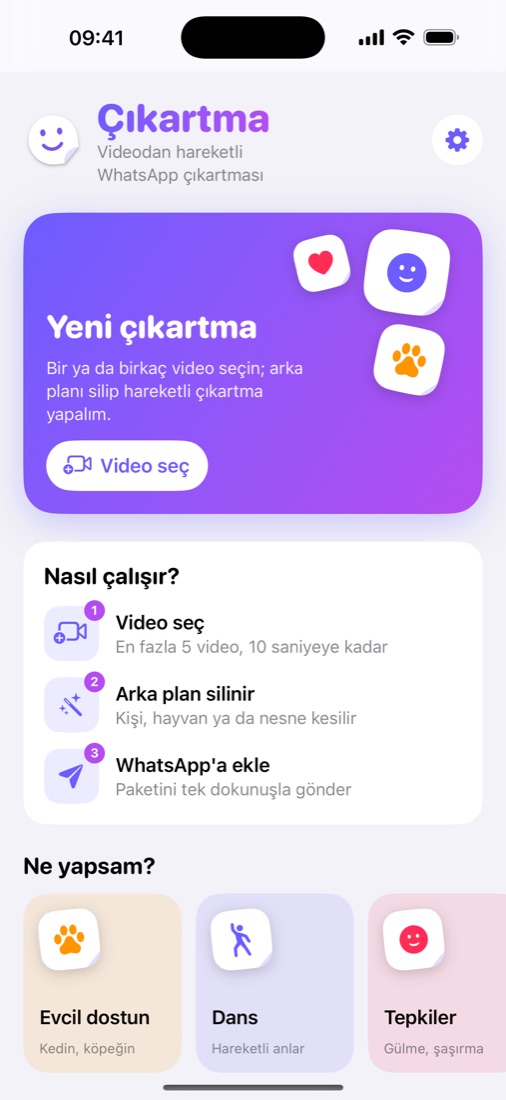 Çıkartma uygulamasının ana ekranı